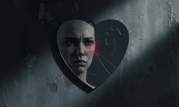 완전하지 않은 심장 모양 거울에 비춰진 왜곡된 얼굴.