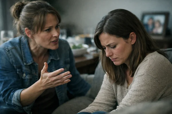 Two sisters arguing with one looking distressed