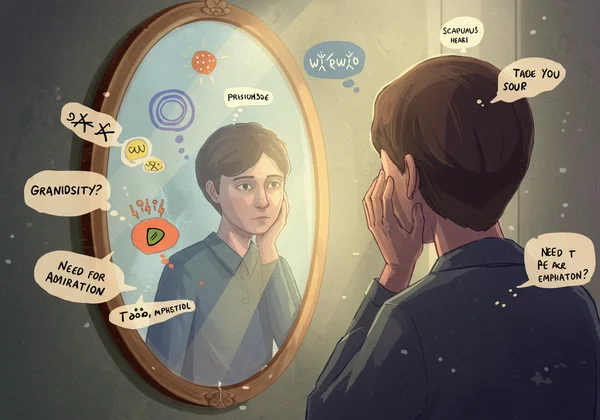 A person reflecting on narcissistic traits, looking in mirror