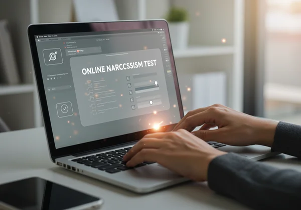 Person taking an online narcissism test on a laptop