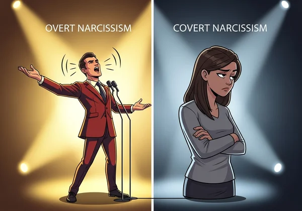 Contrasting overt and covert narcissistic behaviors visually.
