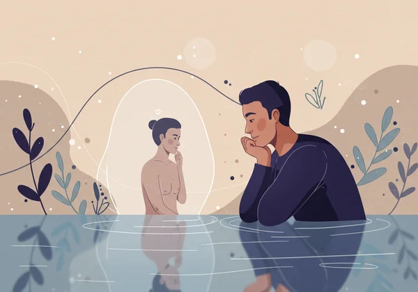 Person reflecting, surrounded by symbols of personal growth.
