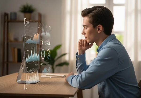 Person reflecting on narcissism test results on a screen.