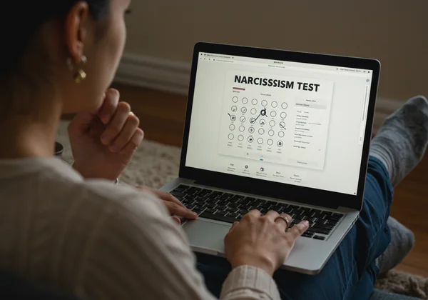 Person reflecting on a narcissism self-assessment test online.