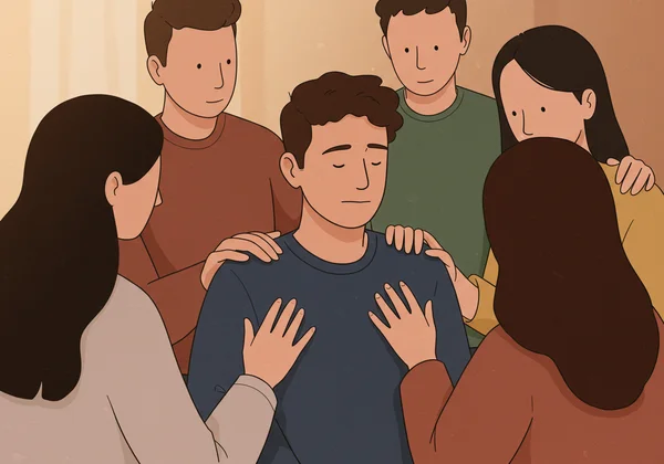 A diverse group of friends offering comfort and support.