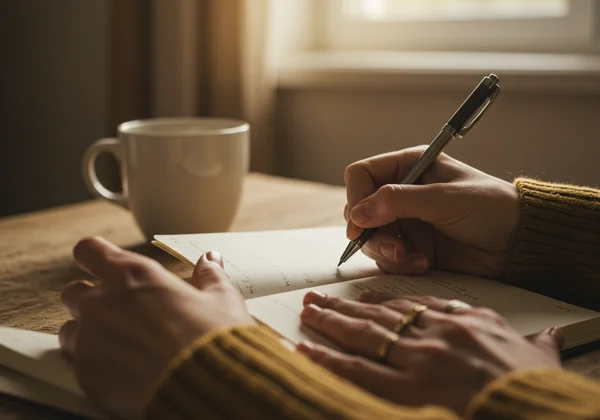 Person writing in a journal to gain clarity and peace.