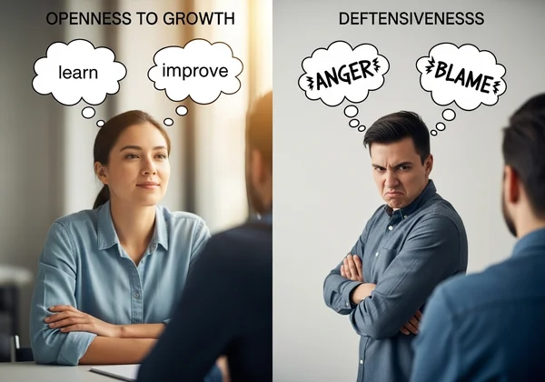 Two people reacting to feedback: one open, one defensive
