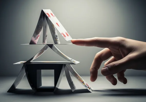 Fragile ego represented as a collapsing house of cards