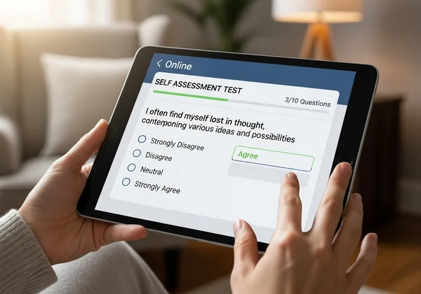 Person taking an online self-assessment test on a tablet