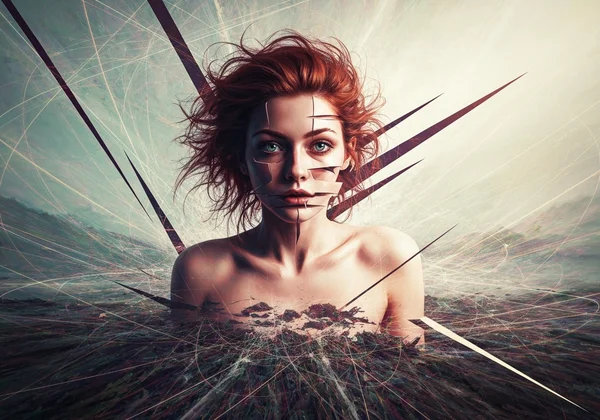 A person questioning their reality, with distorted light.