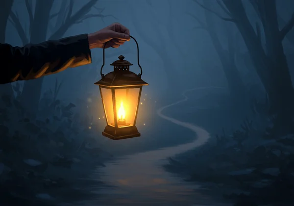 A warm lantern lighting a path, symbolizing guidance and safety.